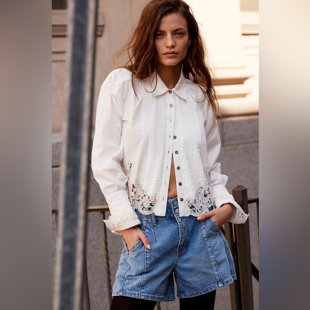 Hooked on You Free People Cropped White Lace Buttondown